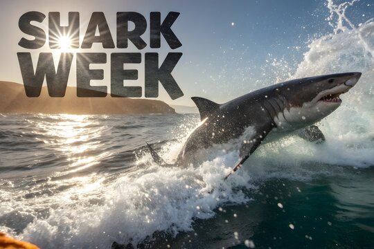 Great white shark breaching out of ocean water during golden hour sunlight with dramatic splash and dynamic motion for marine wildlife conservation awareness poster
