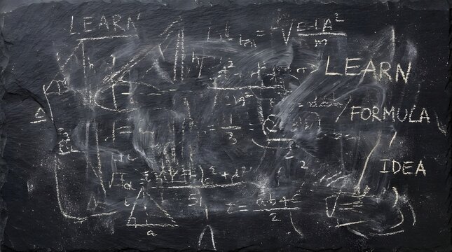 A dark chalkboard is covered with complex mathematical formulas, geometric shapes, and handwritten words like 'LEARN' and 'FORMULA', illustrating education and scientific concepts.