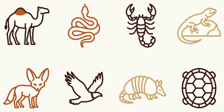 Desert Wildlife Silhouette Collection in Simple Outline Style with Warm Tones on Light Background for Conceptual Use