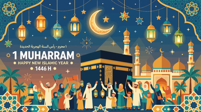 Vibrant illustration of people celebrating 1 muharram happy new islamic year 1446 h with mosque and lanterns