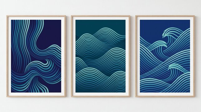 Three framed abstract blue and teal wavy line art prints on a white wall, depicting dynamic ocean waves.