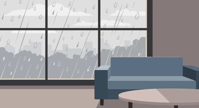 Cozy living room scene with a comfortable sofa and round table looking out at a rainy cityscape view through large windows on a gloomy overcast day creating a peaceful atmosphere