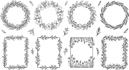 Fototapeta premium Hand Drawn Floral Frame and Wreath Collection with Botanical Borders, Elegant Wedding Decor, and Vintage Line Art Vector Elements Set