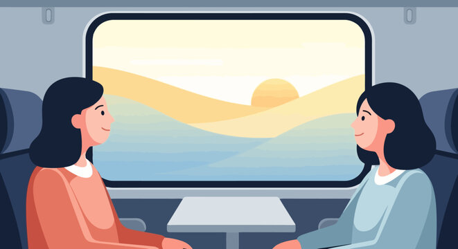 Two women friends travel by a scenic train journey observing the beautiful rolling hills and warm sunrise over the peaceful landscape from their comfortable seats inside the passenger car during