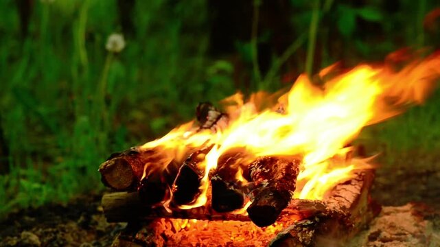 4K medium shot of a campfire burning with white smoke on green grass in a lush forest with natural audio of crackling logs and birds chirping. Static shot.