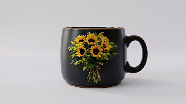 a beautiful cup in balck colour having sunflower on it
