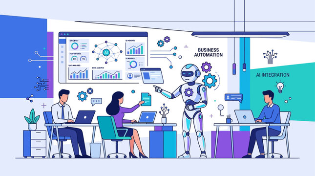 People working with robot in office setting with technology