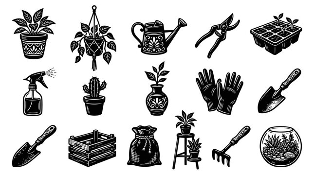 Vintage Gardening Black  White Line Art Icons Set: Plants, Tools, Accessories for Home  Horticulture