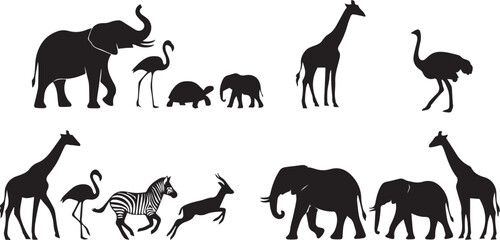  Safari animal silhouette collection with elephant giraffe zebra flamingo and wildlife vector illustration set © MdHaberar