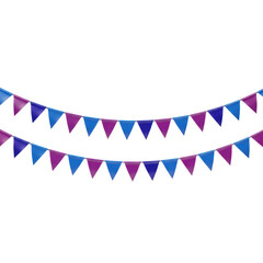 Obraz premium Vibrant triangular bunting flags in electric blue and deep violet satin arranged in elegant rhythmic draped rows against a transparent studio background festive atmosphere