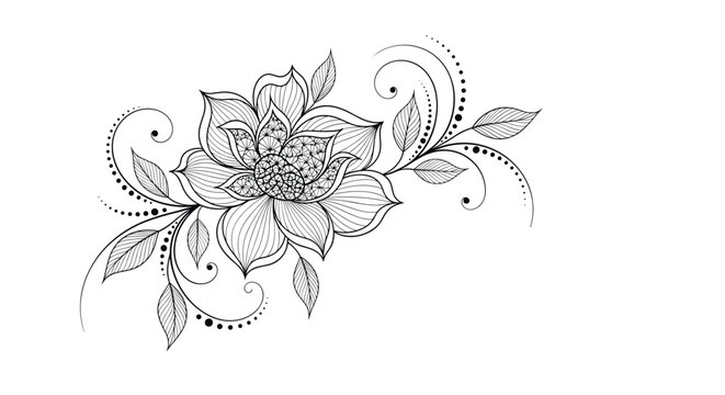 Ornate floral line art drawing of a beautiful rose with intricate leaves and elegant vine scrollwork for vintage decoration.
