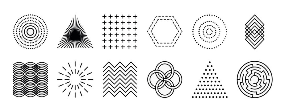 Collection of black minimalist geometric shapes and abstract design elements including circles, triangles, lines, dots, and a maze, representing modern graphic symbols and patterns