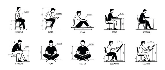 Obraz premium Collection of architectural human scale figures in various sitting poses for technical drawings, showing people at desks and on the floor with dimensions