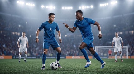 Naklejka premium Soccer teammates coordinating attack during stadium match with defenders