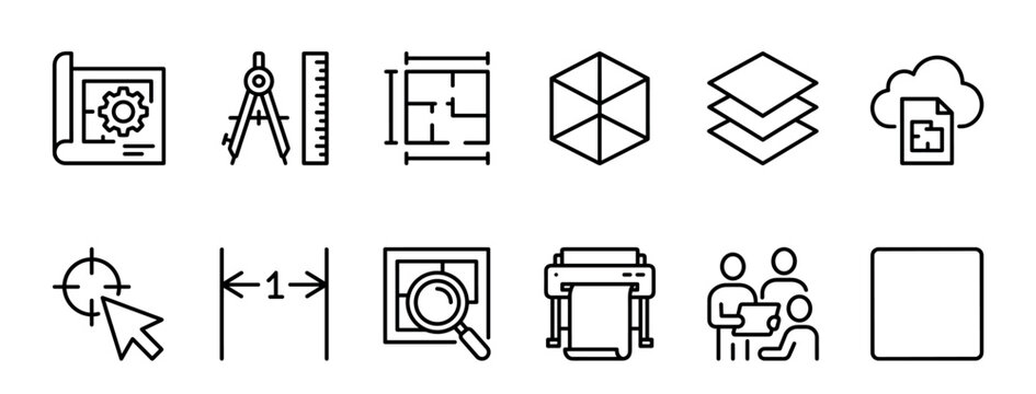 Set of black outline icons for engineering and architecture, including symbols for blueprints, drafting tools, 3D modeling, and project collaboration in a clean linear style
