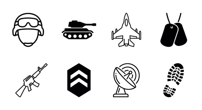 Collection of black military themed icons including a soldier, tank, jet, dog tags, rifle, rank, radar, and boot print in a simple graphic line art and silhouette style