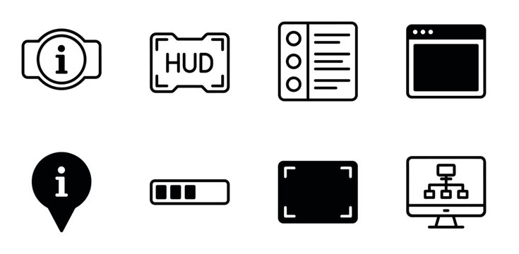 Set of black user interface icons for web and app design, featuring information, HUD, list, window, location pin, loading bar, crop frame, and sitemap symbols in a clean glyph style