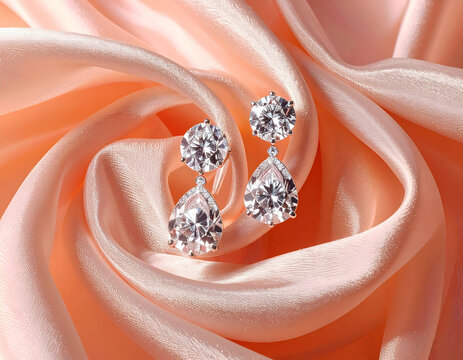 Floating Diamonds in Silk Vortex: Luxurious diamond earring abstract product advertisement elegant floating rotating jewelry accessory precious gemstone gift joyful emotion