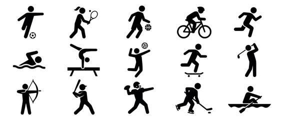Fototapeta premium Collection of black sport activity icons showing various athletic disciplines like soccer, swimming, cycling, and tennis, presented as a set of simple, minimalist pictograms