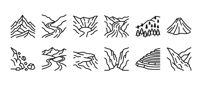 Set of twelve minimalist line icons showing various natural landscapes and landforms, including a mountain peak, volcano, river, canyon, waterfall, forest, and landslide