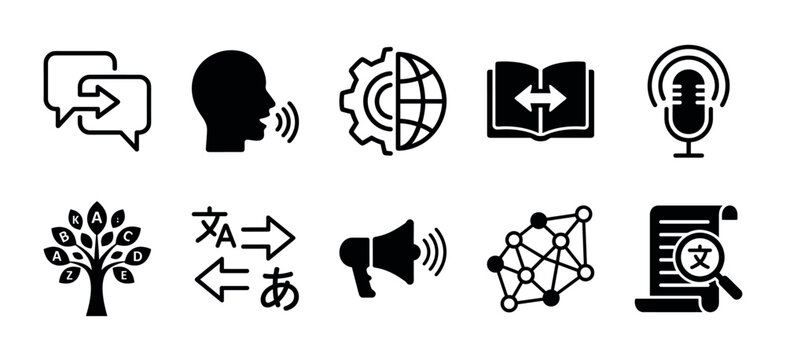 Set of black glyph icons for language translation, communication, and linguistics, including symbols for speech, dictionary, global services, and machine learning technology