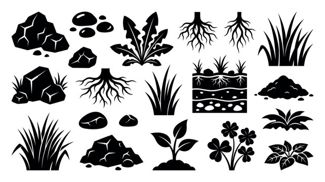 Collection of black nature silhouette icons featuring various ground elements like rocks, soil, grass, plant roots, sprouts, clover, and dandelions in a minimalist graphic style