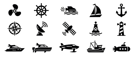 Obraz premium Set of black nautical and transport icons including a ship wheel, anchor, sailboat, submarine, and yacht, designed in a simple glyph style for maritime and navigation concepts