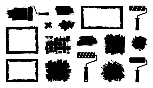Diverse set of black paint roller strokes, grunge brush marks, distressed frames, and textured ink splotches in a bold graphic silhouette style for creative design