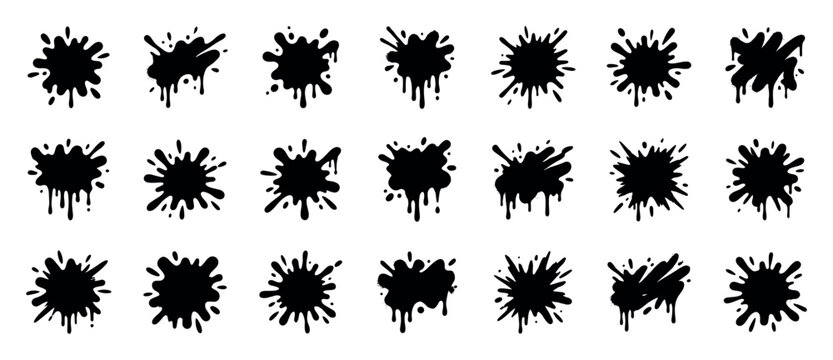 Collection of black paint splash silhouettes with dripping ink blots and messy grunge spray stains, showing a variety of abstract liquid shapes and dynamic splat forms