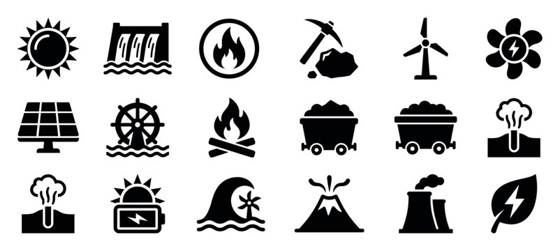 Set of black energy and power icons representing renewable and fossil fuel sources like solar, wind, hydro, coal, geothermal, nuclear, and biomass in a simple glyph style