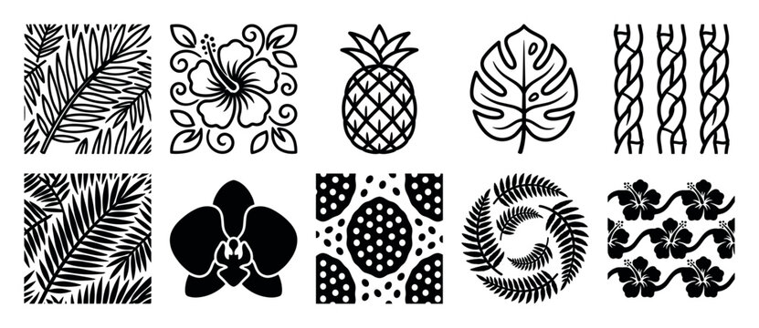 Set of ten black tropical icons featuring hibiscus, pineapple, palm, monstera, and orchid flowers and leaves in a graphic minimalist vector style for summer design