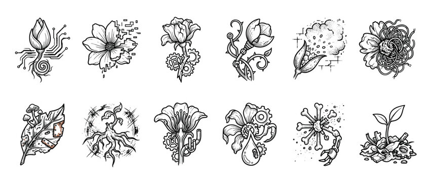 Set of twelve hand-drawn illustrations combining natural flowers and plants with steampunk, cyberpunk, and post-apocalyptic mechanical and technological elements in a tattoo style