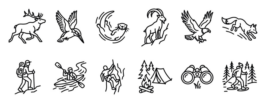 Collection of black line art icons depicting outdoor adventure, wildlife, and nature activities like hiking, camping, and kayaking, presented in a clean, minimalist vector style