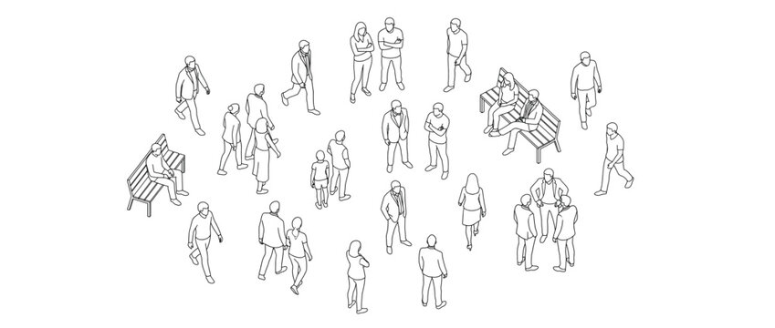 Diverse collection of minimalist isometric line art people walking, standing, talking, and sitting on benches, depicting an anonymous urban crowd
