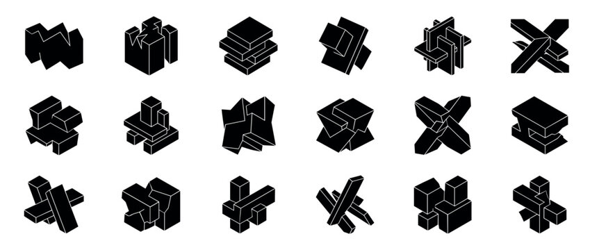 Collection of black abstract geometric shapes and complex isometric objects arranged in a minimalist set, featuring brutalist architectural forms and impossible figures for modern design