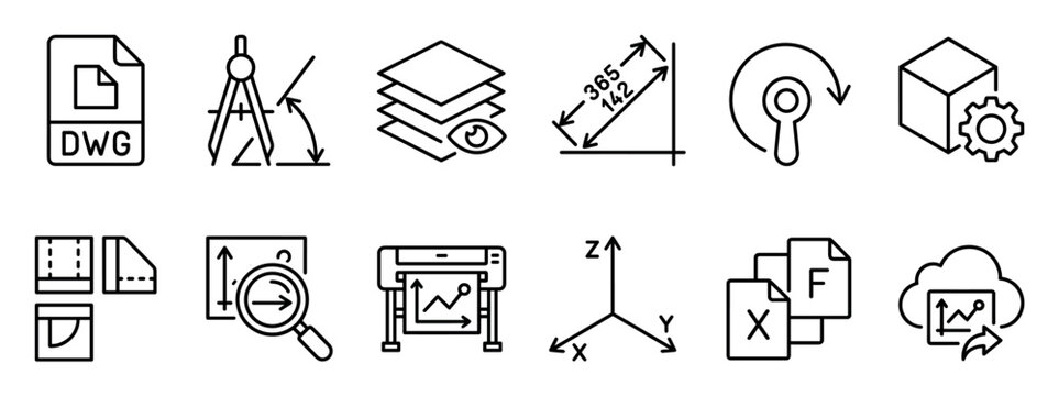 Set of black line icons for engineering and computer-aided design, including symbols for drafting, 3D modeling, plotting, dimensioning, and file management
