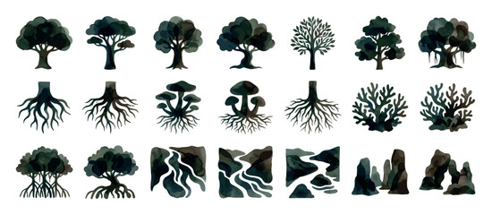 Obraz premium Diverse set of dark green nature silhouettes with a watercolor texture, featuring various trees, complex root systems, mushrooms, coral, rocks, and abstract river maps