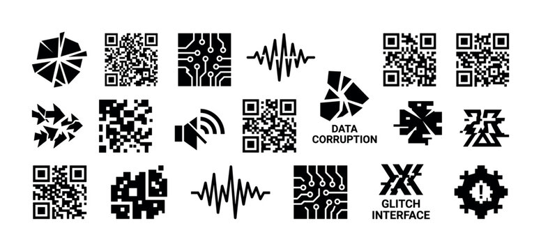 Collection of black data corruption icons featuring glitch effects, broken QR codes, distorted audio waves, and system error symbols for technology and interface design concepts