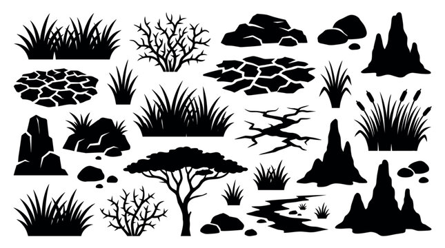 Collection of black silhouette nature elements for creating savanna or desert landscapes, including grass, rocks, a tree, a river, and dry ground textures in a flat vector style