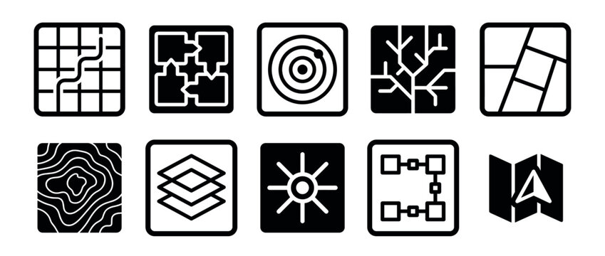 Collection of ten black map icons in a minimalist glyph style representing navigation, topography, and data visualization concepts like routes, layers, and flowcharts