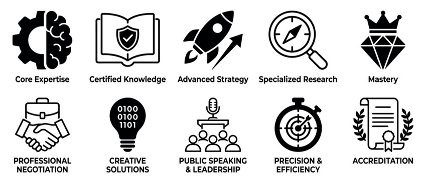 Ten black business skill and expertise icons representing concepts like strategy, leadership, negotiation, research, and mastery in a clean glyph style for professional development
