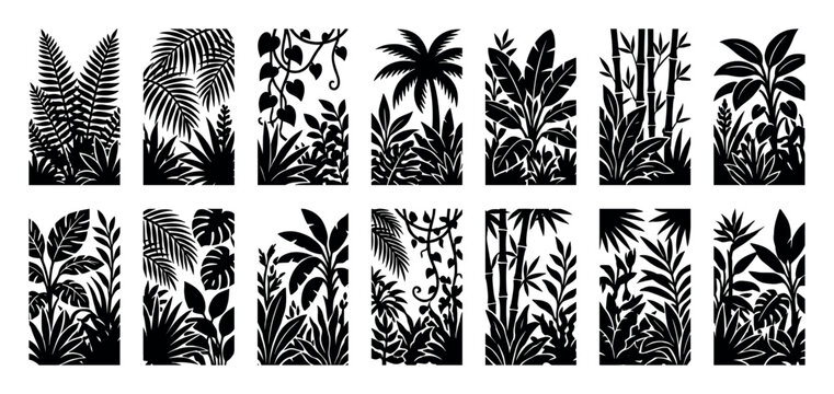 Collection of black tropical plant silhouettes featuring various jungle foliage like palm trees, monstera, ferns, and bamboo in a bold graphic vector illustration set for design