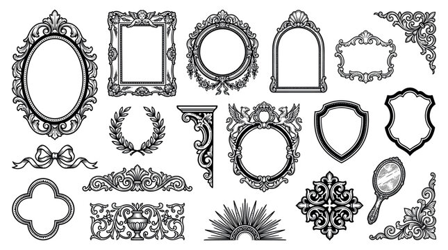 Set of hand-drawn vintage decorative elements featuring ornate frames, baroque scrollwork, shields, and classic borders in a detailed black and white engraving illustration style