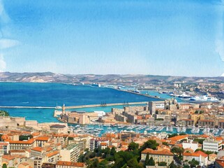 Naklejka premium Marseille Panorama in Watercolor Style — Digital Art from Real Photography