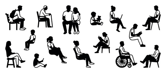 Obraz premium Diverse set of black silhouettes showing people of different ages sitting in various poses and activities, including reading, working, and waiting in a minimalist graphic style