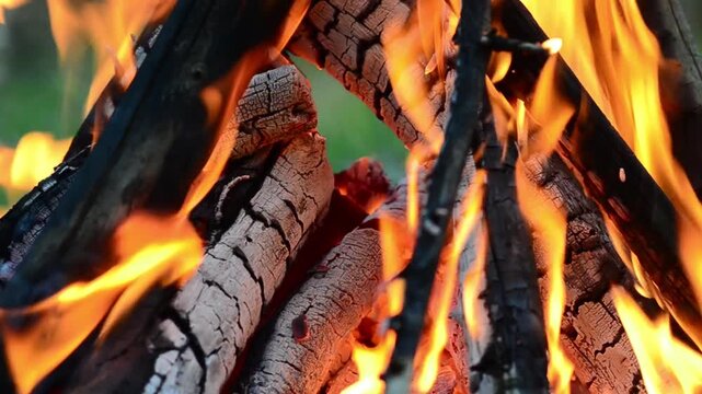4K macro shot of horizontal wooden logs burning inside a campfire. Close up texture of glowing charcoal, fire flames, and authentic wood crackling sound. Static shot.