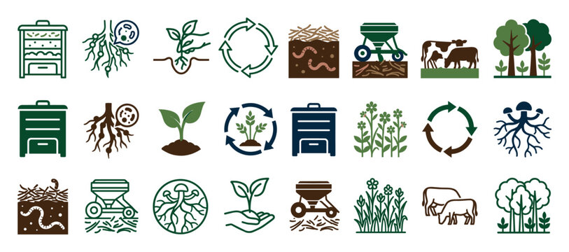 Set of regenerative agriculture icons showing composting, soil health, crop rotation, and livestock management for sustainable farming in a flat, minimalist vector illustration style