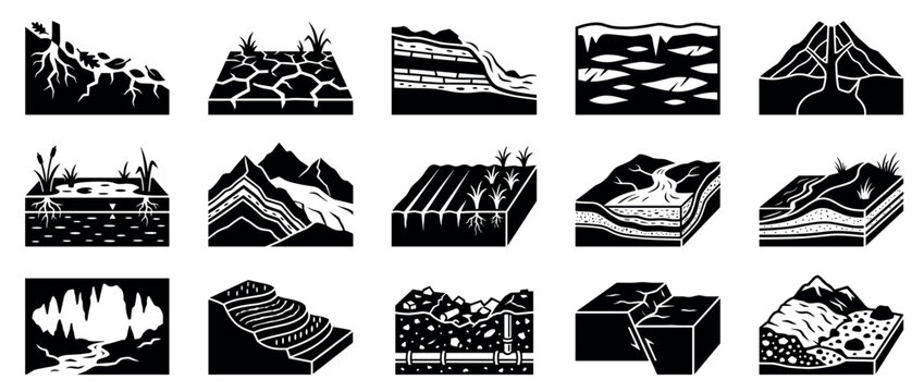 Collection of black and white geology icons showing various earth cross sections, landforms, and environmental processes like soil layers, tectonic faults, volcanoes, and rivers