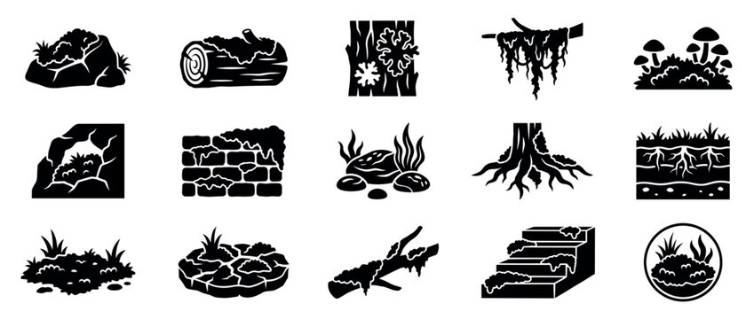 Set of black glyph icons depicting moss and overgrowth on natural forest elements like rocks, logs, trees, and mushrooms in a simple silhouette vector style