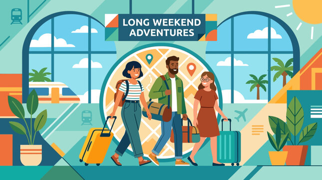 Group of friends with luggage walking through airport terminal for long weekend adventures